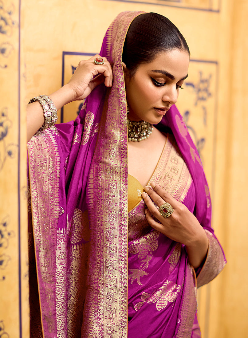 Monjolika Fashion Magenta Faux Crepe Silk with beautiful Zari Weaving Work Classic Saree
