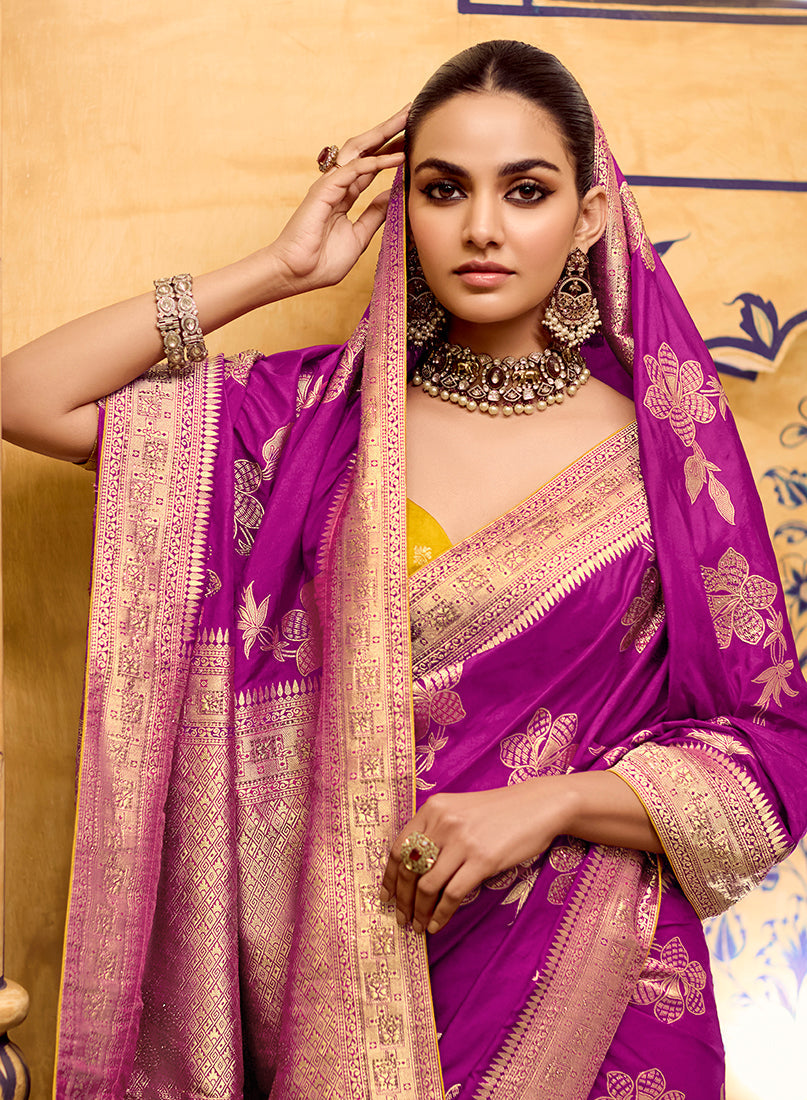 Monjolika Fashion Magenta Faux Crepe Silk with beautiful Zari Weaving Work Classic Saree