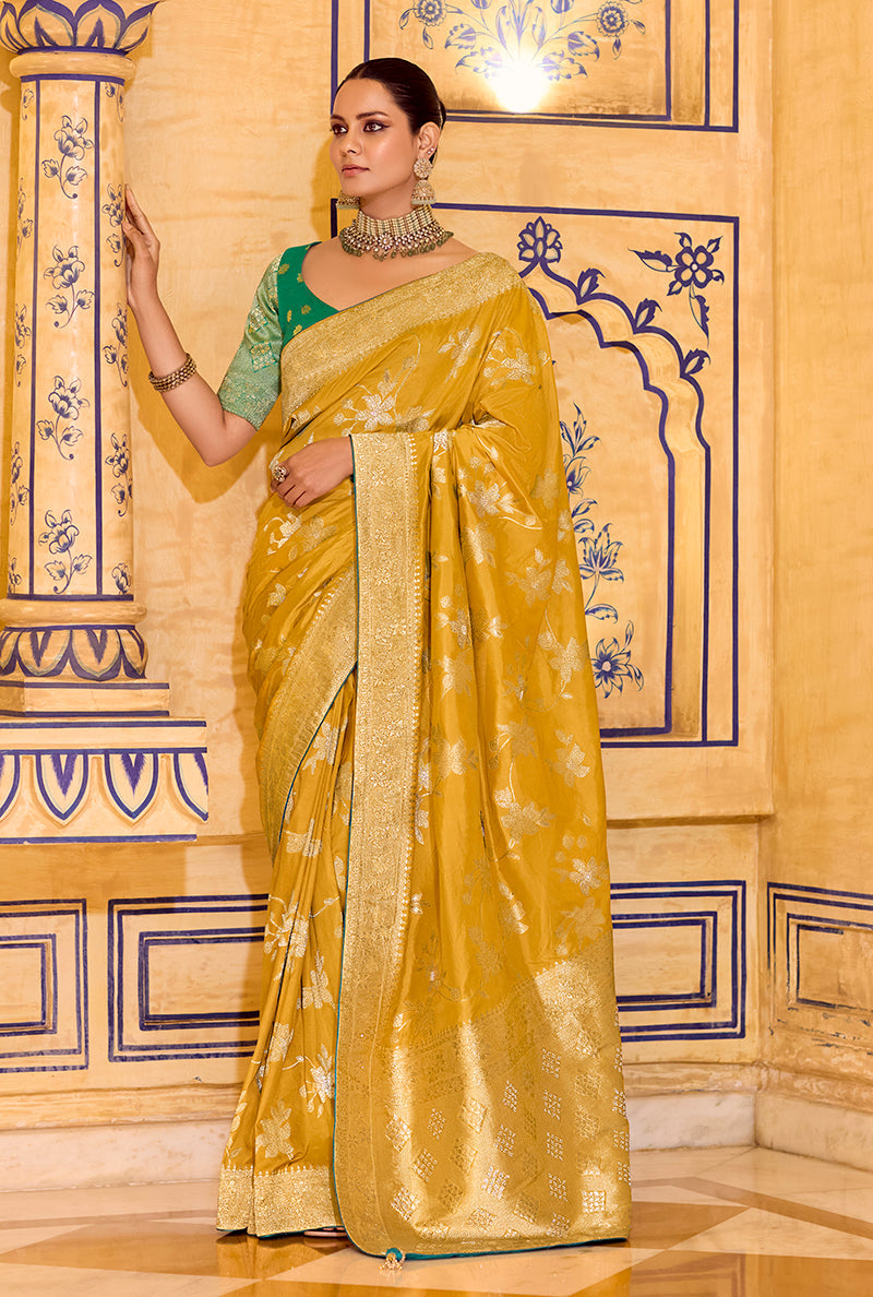 Monjolika Fashion Mustard Faux Crepe Silk with beautiful Zari Weaving Work Classic Saree