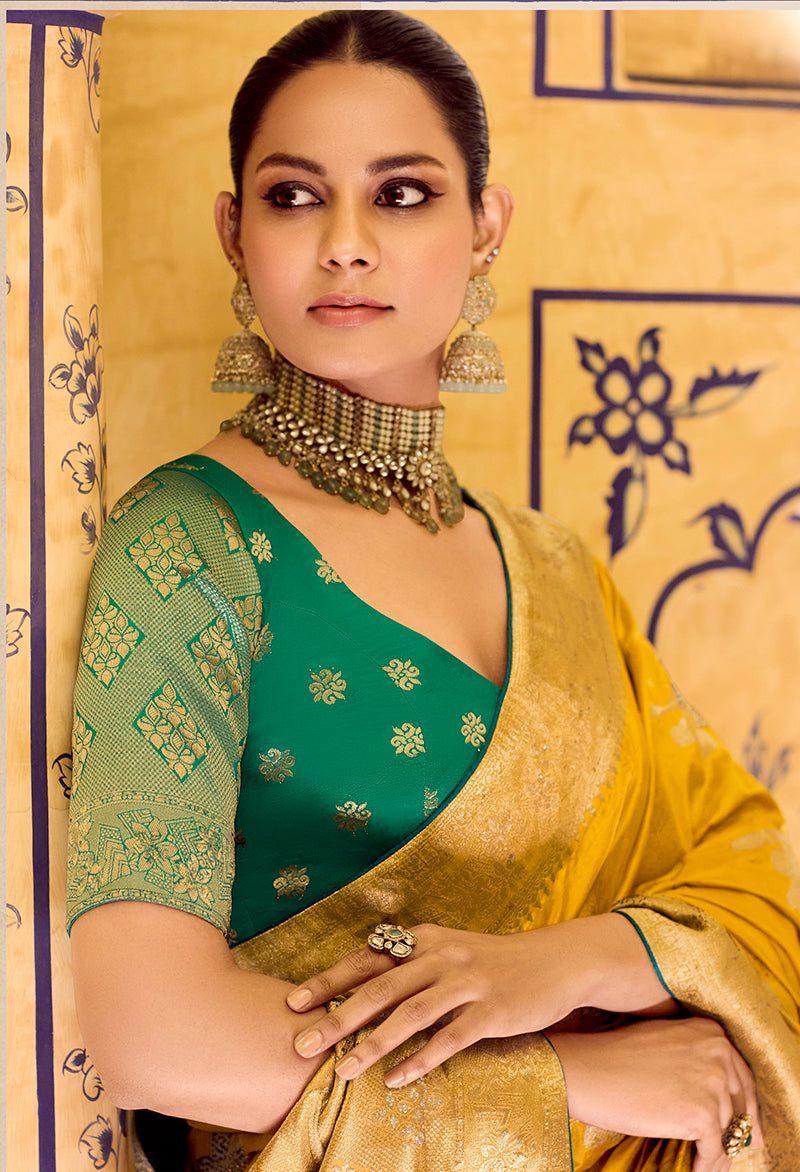 Monjolika Fashion Mustard Faux Crepe Silk with beautiful Zari Weaving Work Classic Saree