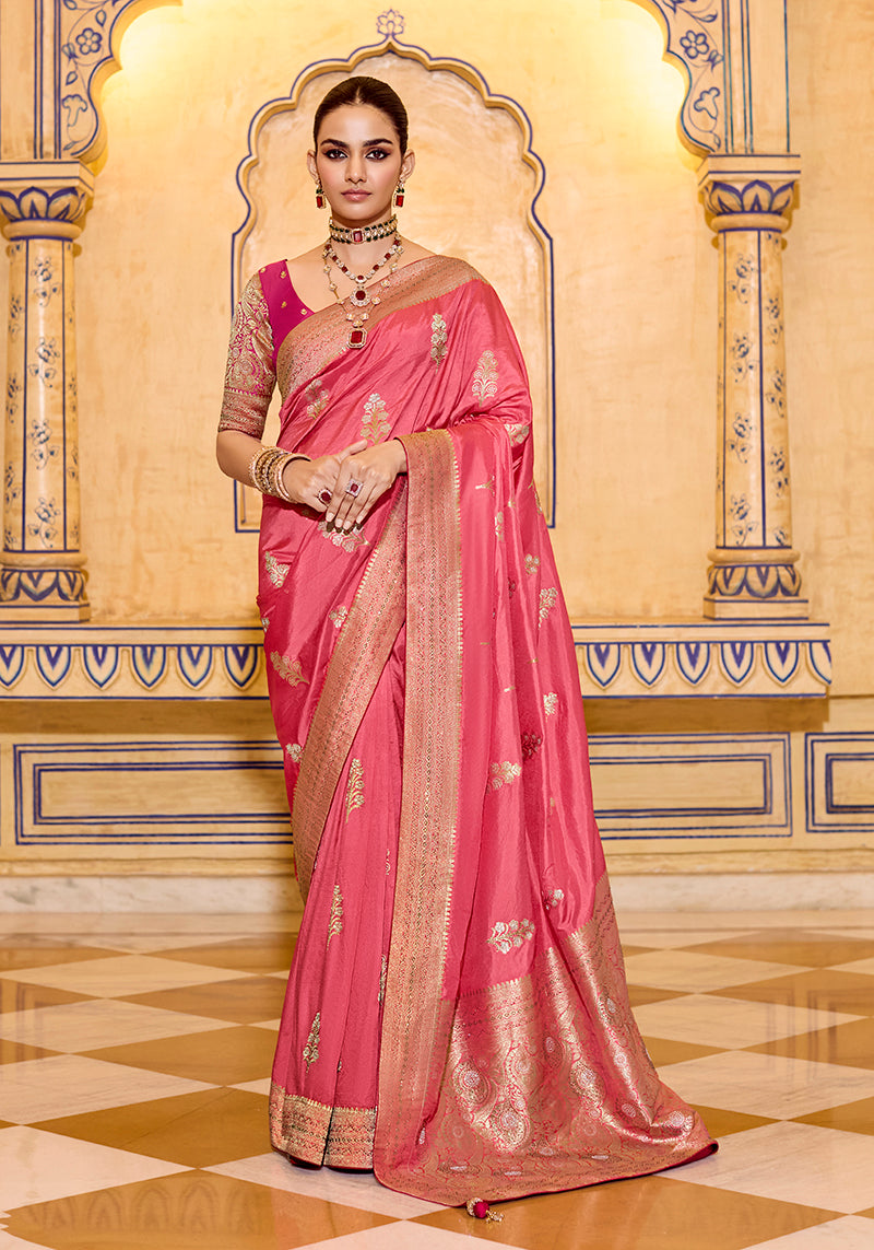 Monjolika Fashion Dark Peach Faux Crepe Silk with beautiful Zari Weaving Work Classic Saree