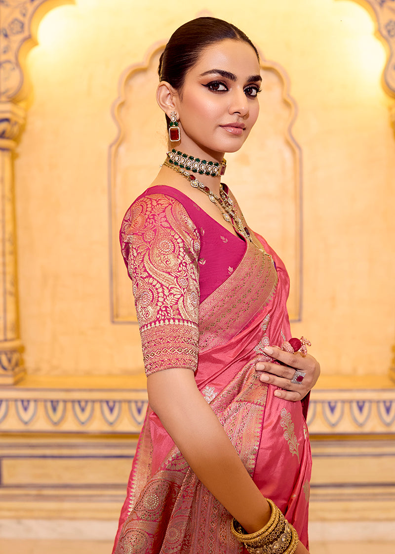 Monjolika Fashion Dark Peach Faux Crepe Silk with beautiful Zari Weaving Work Classic Saree