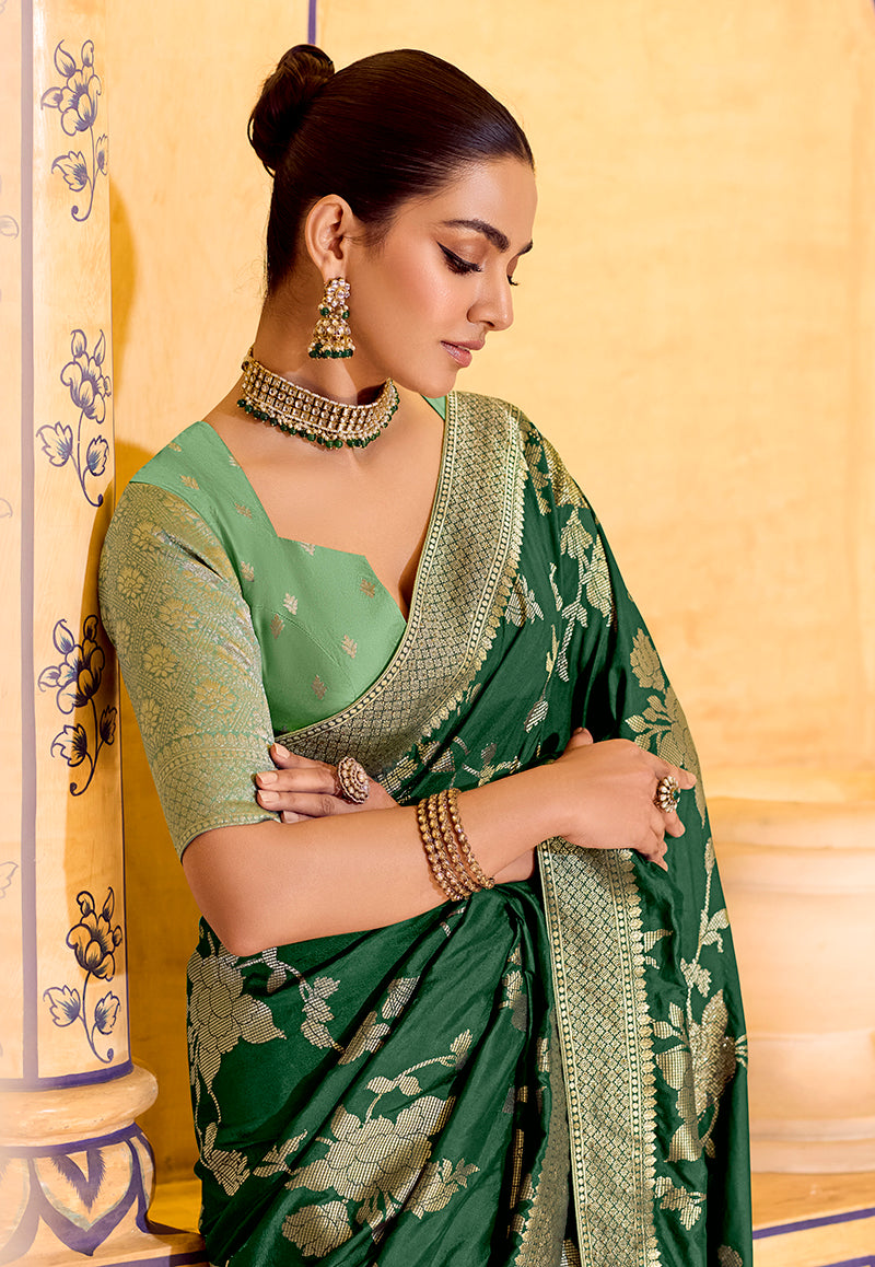 Monjolika Fashion Dark Green Faux Crepe Silk with beautiful Zari Weaving Work Classic Saree