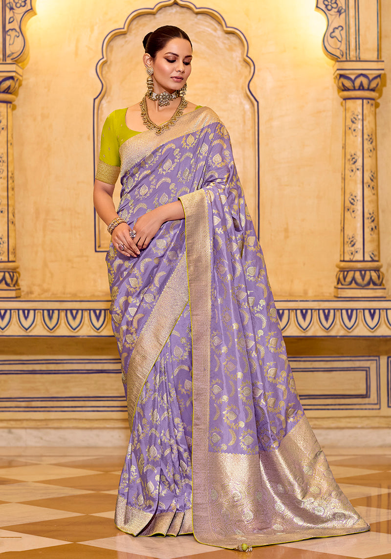 Monjolika Fashion Lavender Faux Crepe Silk with beautiful Zari Weaving Work Classic Saree