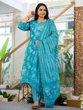 Yufta Blue Thread_Work Cotton Straight Plus Size Kurta Trouser & Dupatta Set