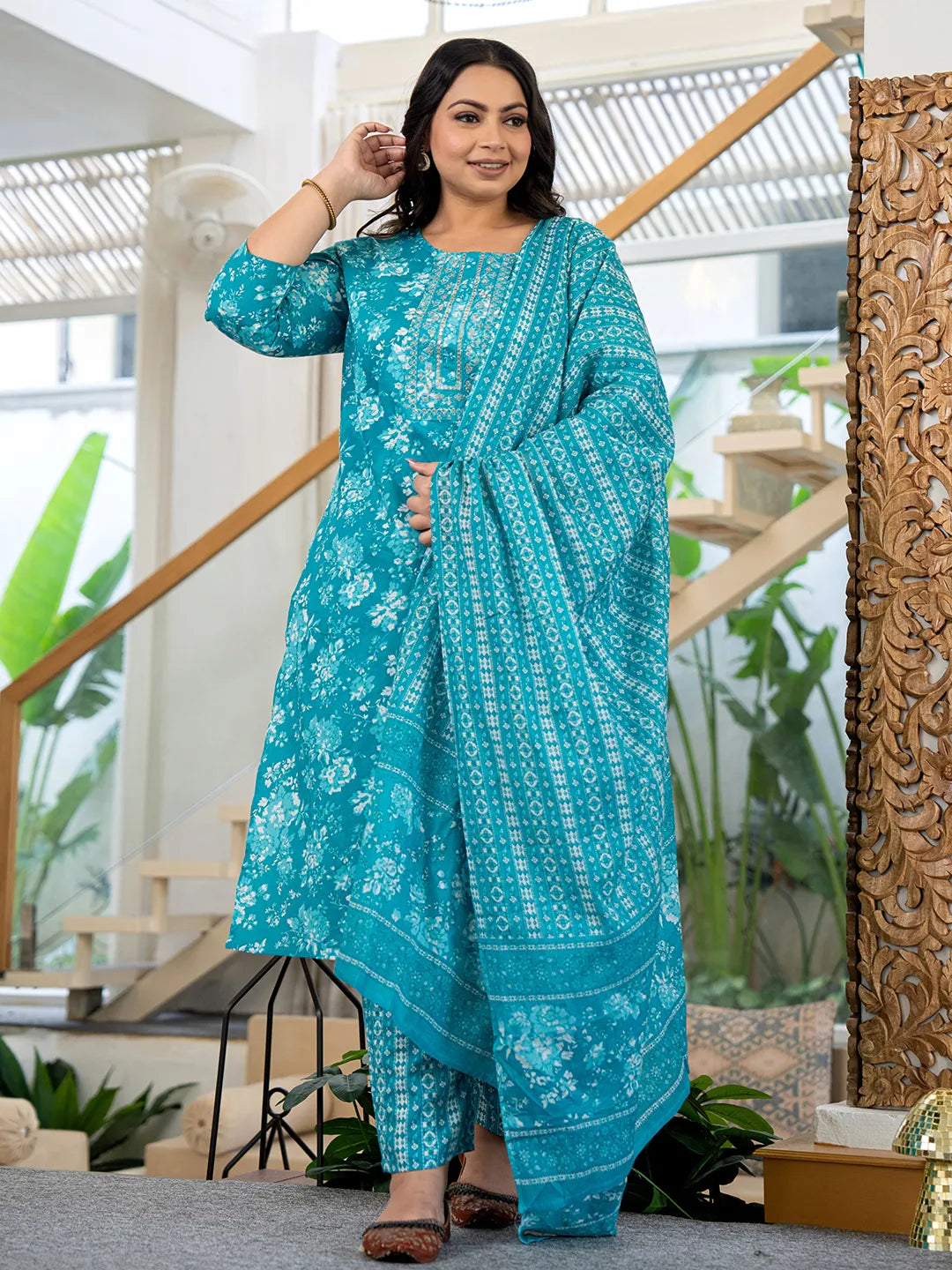 Yufta Blue Thread_Work Cotton Straight Plus Size Kurta Trouser & Dupatta Set