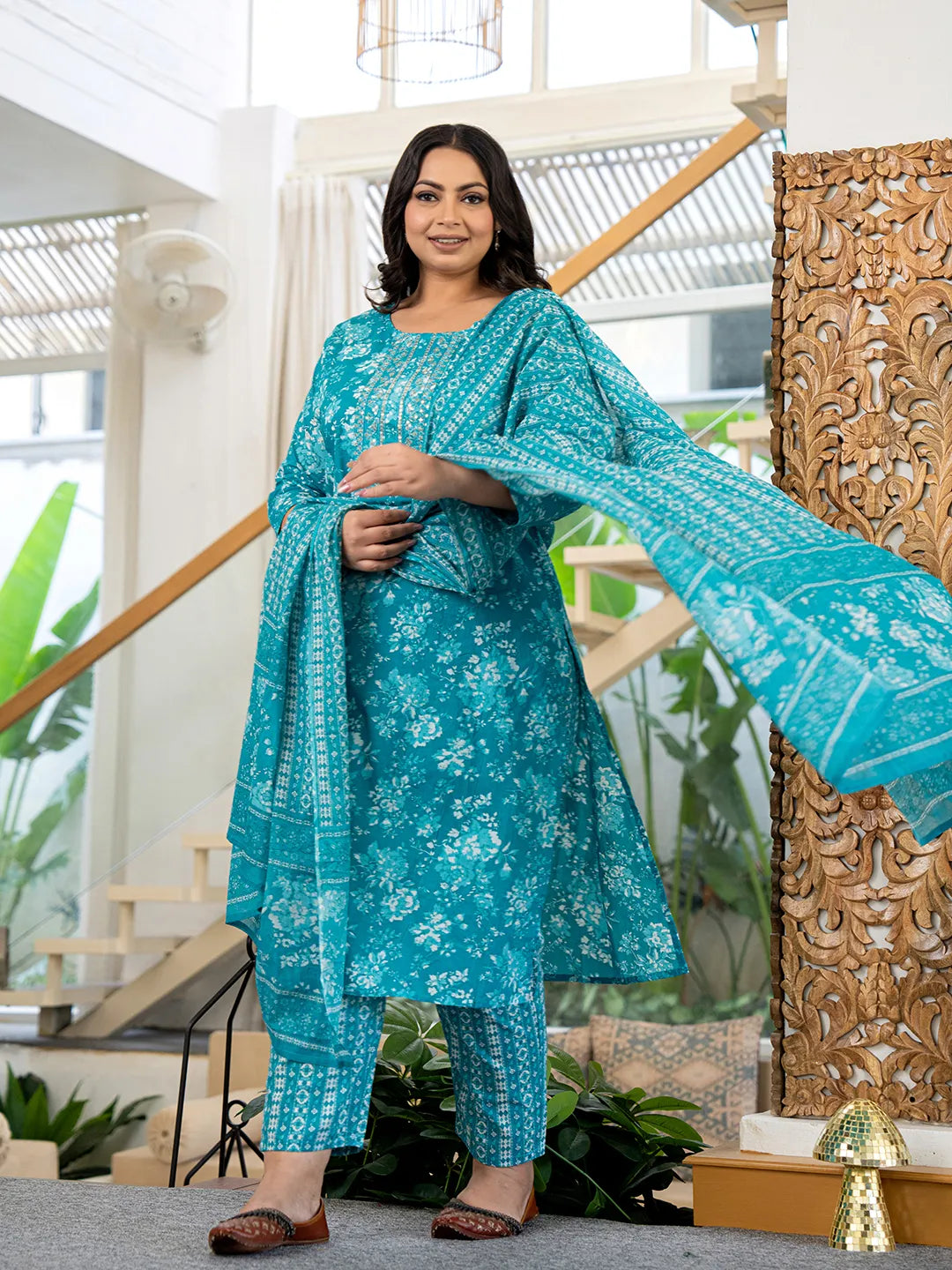 Yufta Blue Thread_Work Cotton Straight Plus Size Kurta Trouser & Dupatta Set