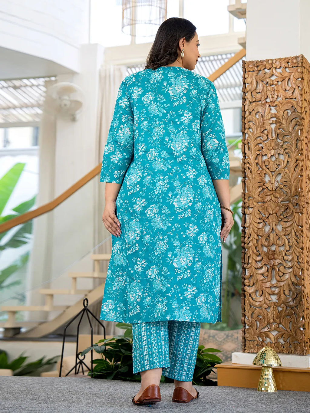 Yufta Blue Thread_Work Cotton Straight Plus Size Kurta Trouser & Dupatta Set