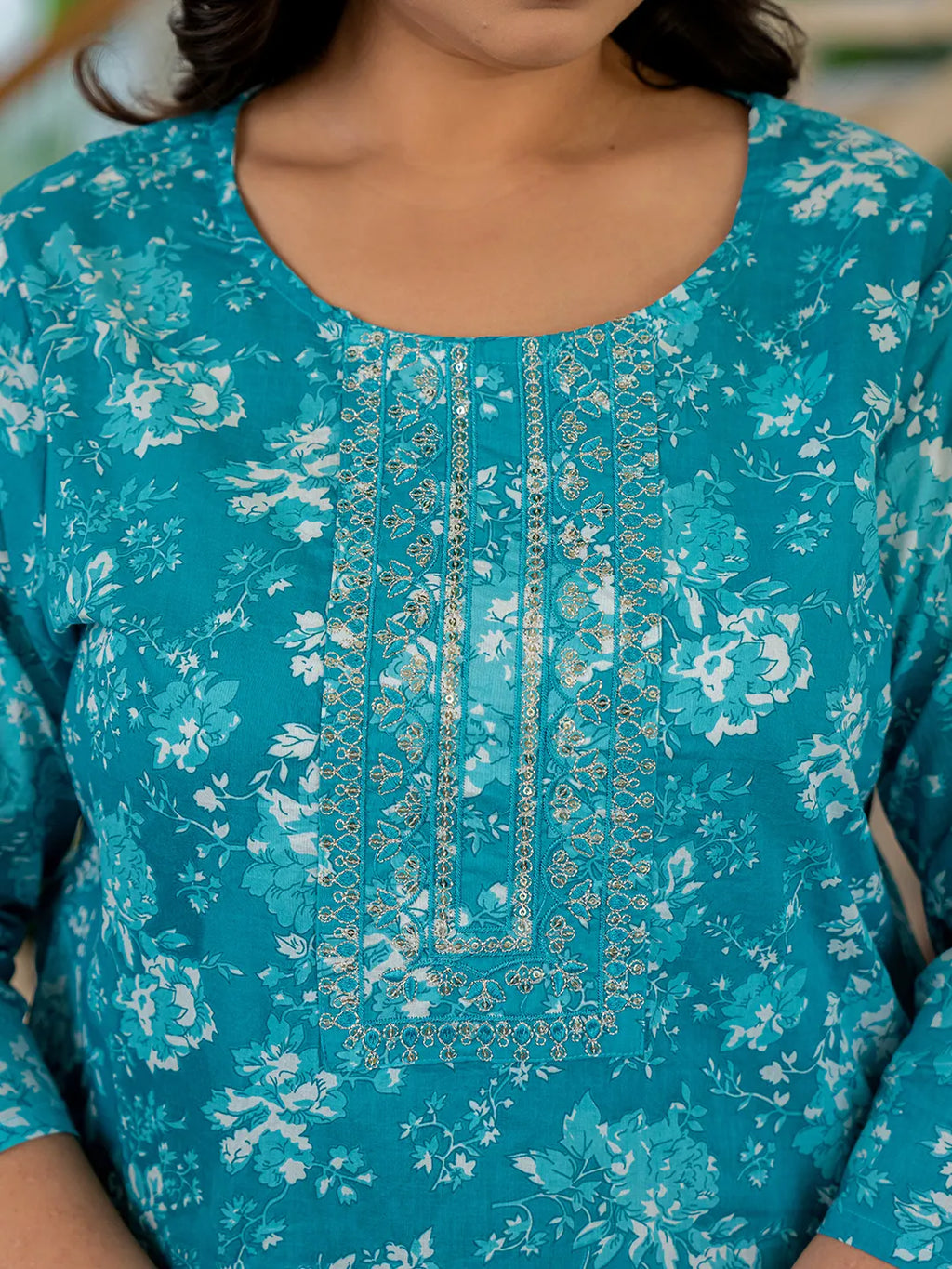 Yufta Blue Thread_Work Cotton Straight Plus Size Kurta Trouser & Dupatta Set