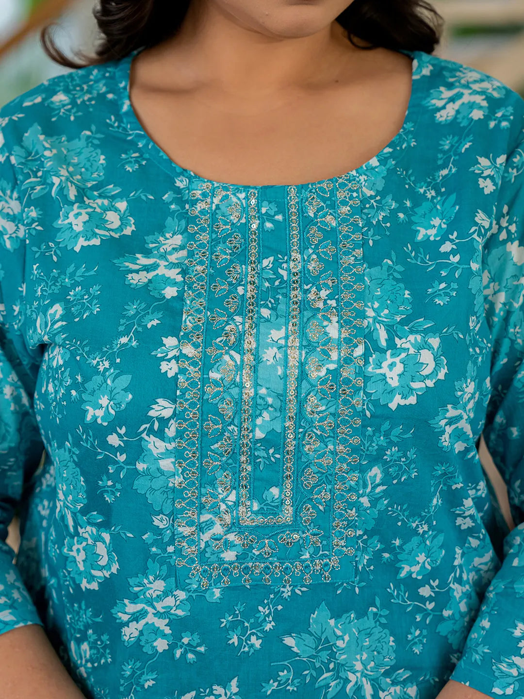 Yufta Blue Thread_Work Cotton Straight Plus Size Kurta Trouser & Dupatta Set