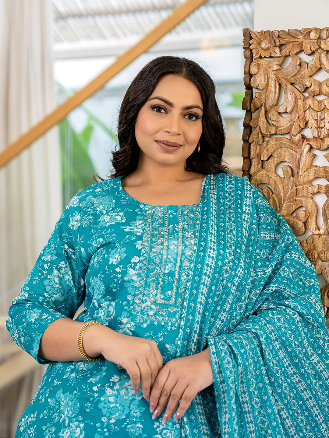 Yufta Blue Thread_Work Cotton Straight Plus Size Kurta Trouser & Dupatta Set