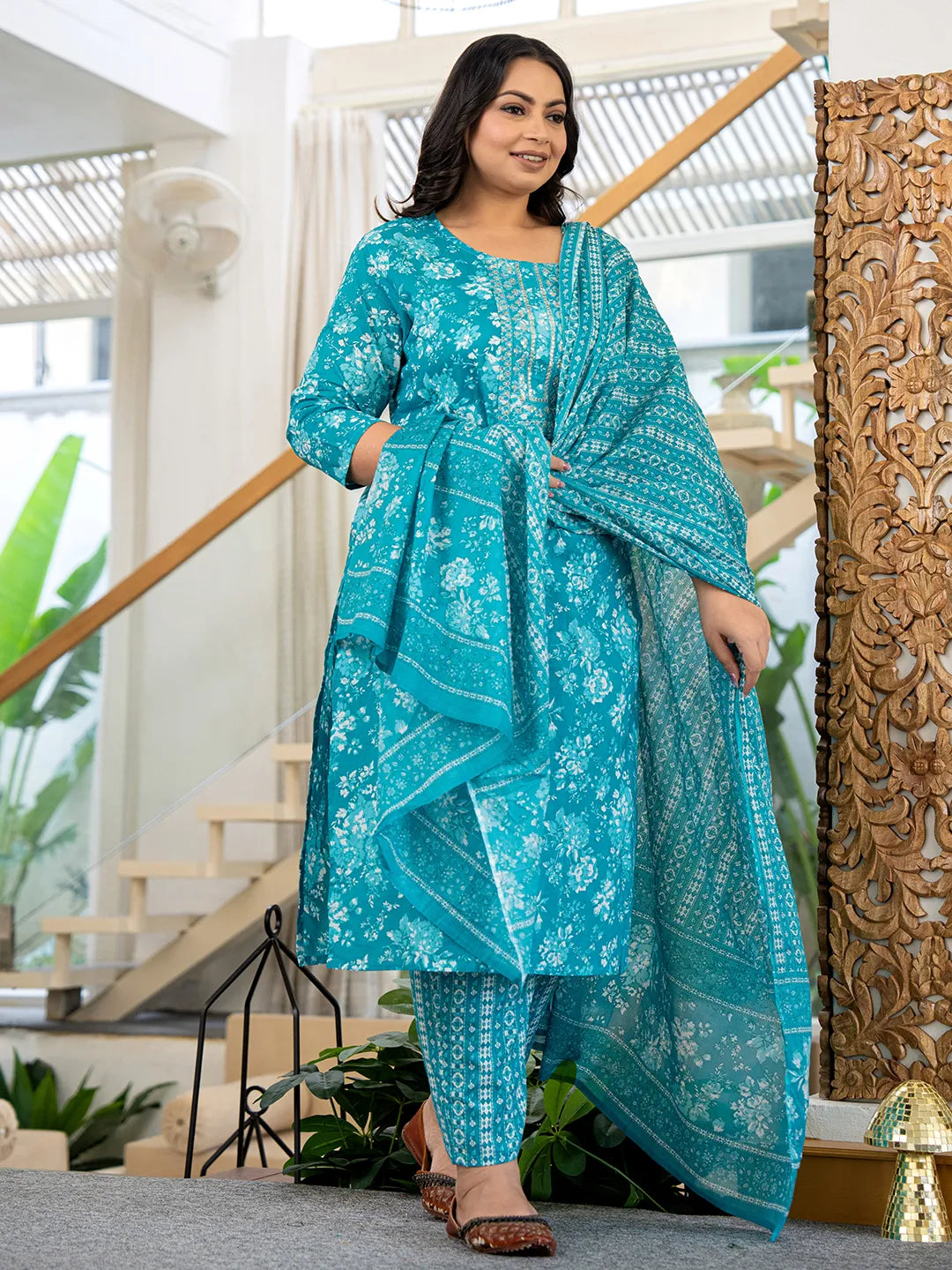 Yufta Blue Thread_Work Cotton Straight Plus Size Kurta Trouser & Dupatta Set