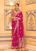 Monjolika Fashion Rani Pink Faux Crepe Silk with beautiful Zari Weaving Work Classic Saree