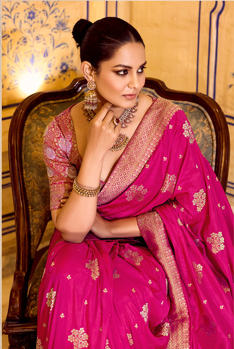 Monjolika Fashion Rani Pink Faux Crepe Silk with beautiful Zari Weaving Work Classic Saree