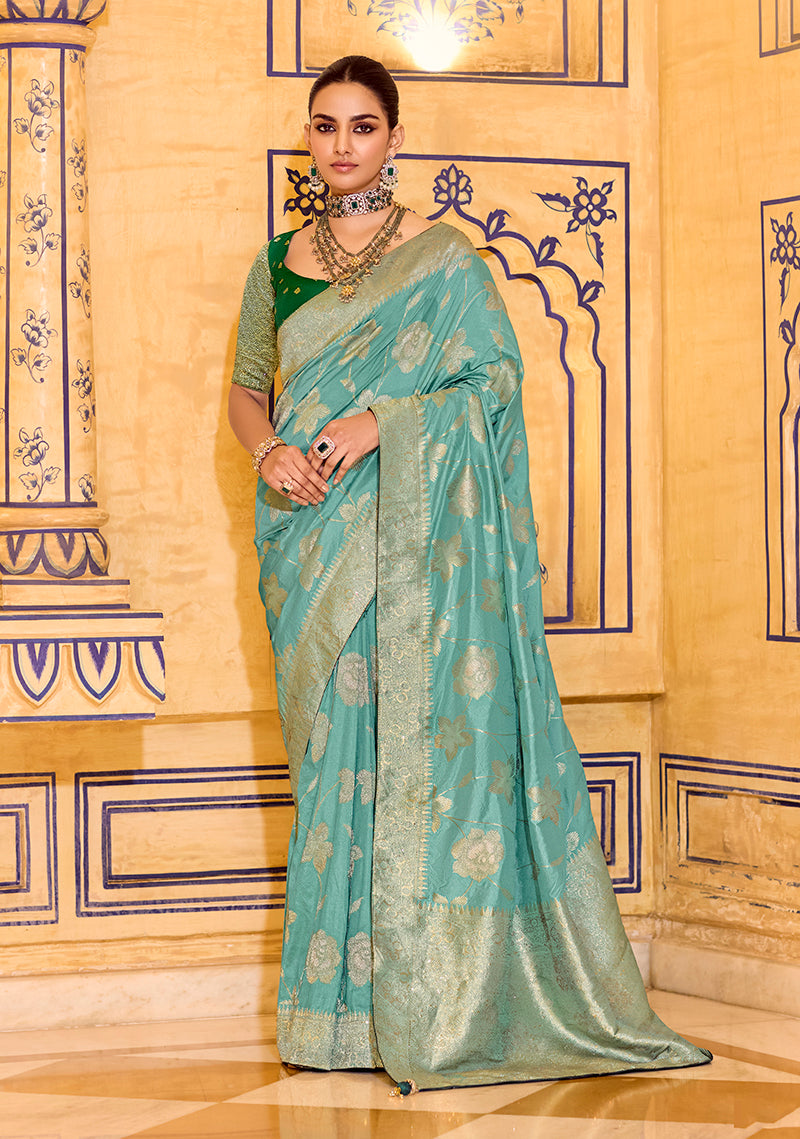 Monjolika Fashion Sea Green Faux Crepe Silk with beautiful Zari Weaving Work Classic Saree