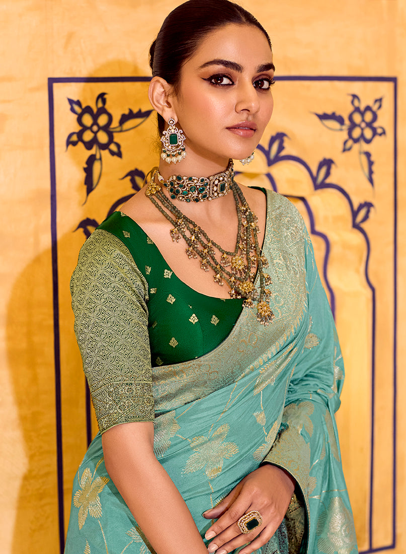 Monjolika Fashion Sea Green Faux Crepe Silk with beautiful Zari Weaving Work Classic Saree