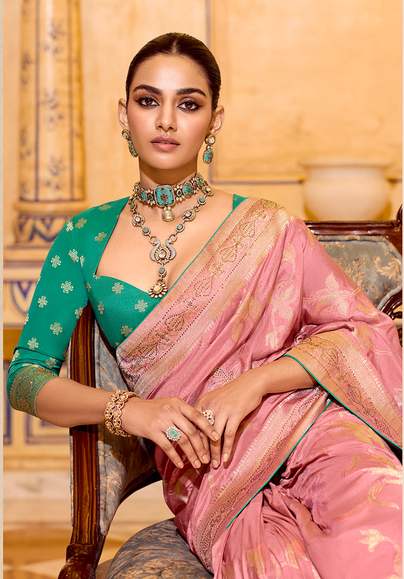Monjolika Fashion Baby Pink Faux Crepe Silk with beautiful Zari Weaving Work Classic Saree