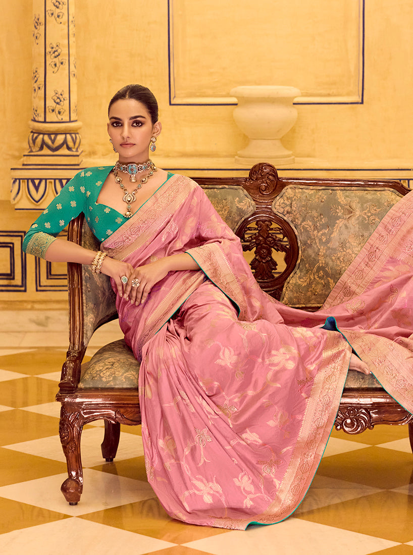 Monjolika Fashion Baby Pink Faux Crepe Silk with beautiful Zari Weaving Work Classic Saree
