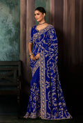 Monjolika Fashion Royal Blue Faux Crepe Embroidery Bridal Reception Festival Wedding Wear Heavy Border Saree