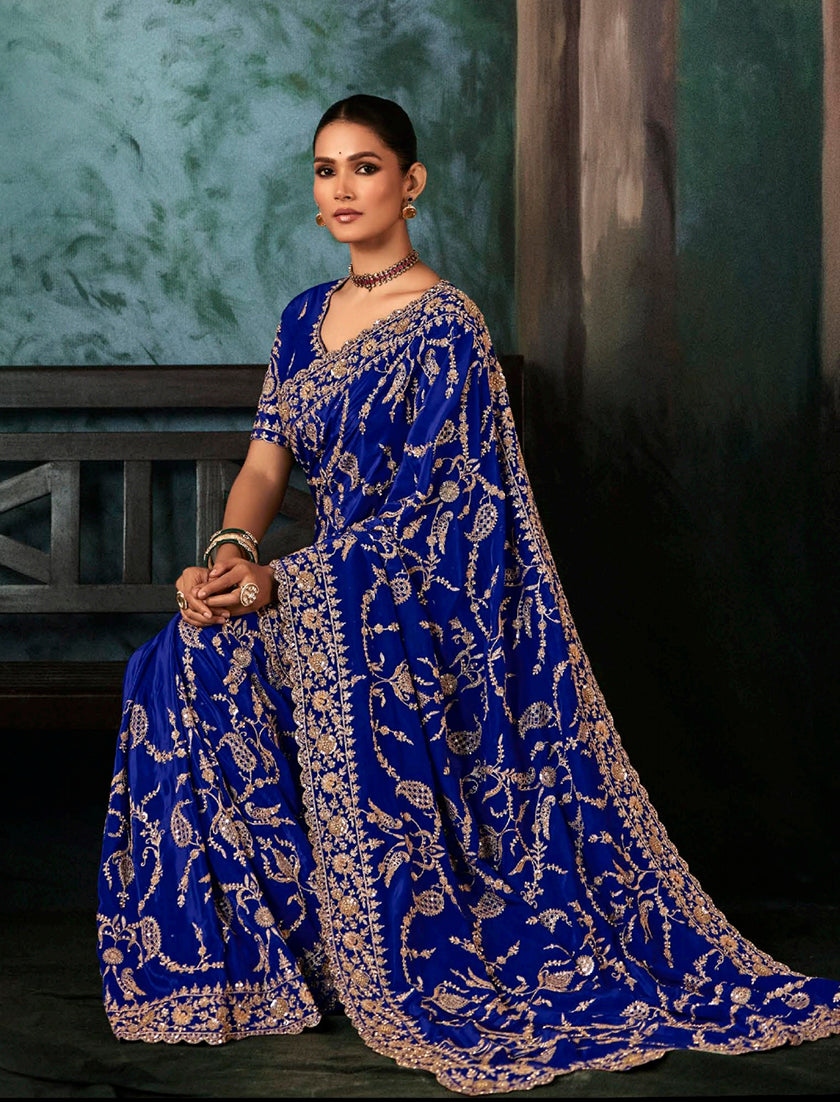 Monjolika Fashion Royal Blue Faux Crepe Embroidery Bridal Reception Festival Wedding Wear Heavy Border Saree