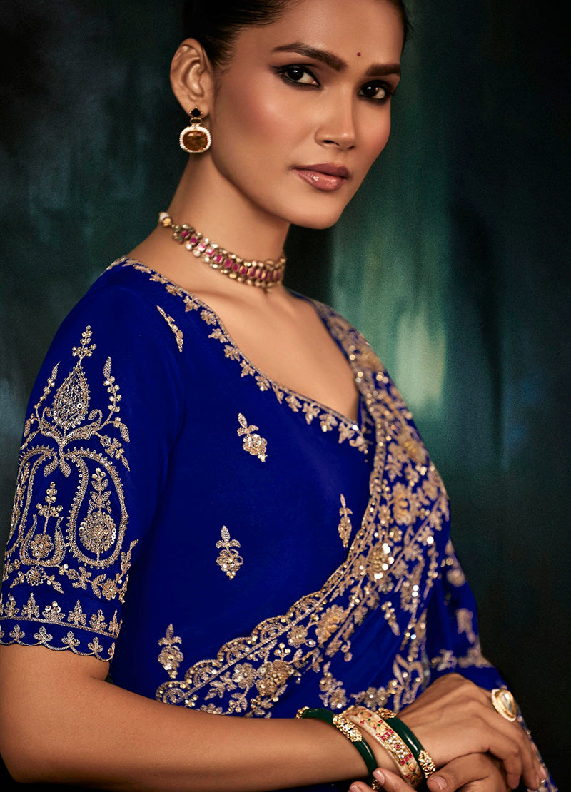Monjolika Fashion Royal Blue Faux Crepe Embroidery Bridal Reception Festival Wedding Wear Heavy Border Saree