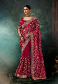 Monjolika Fashion Burgundy Faux Crepe Embroidery Bridal Reception Festival Wedding Wear Heavy Border Saree