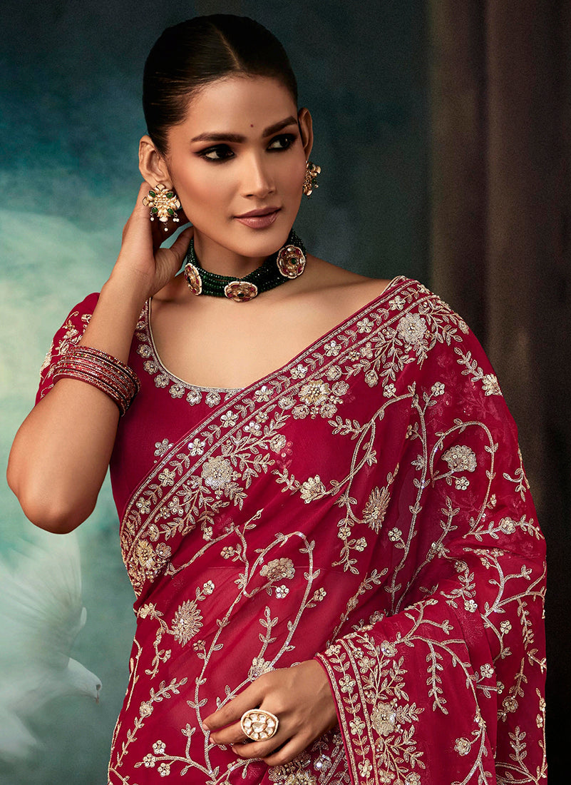 Monjolika Fashion Burgundy Faux Crepe Embroidery Bridal Reception Festival Wedding Wear Heavy Border Saree