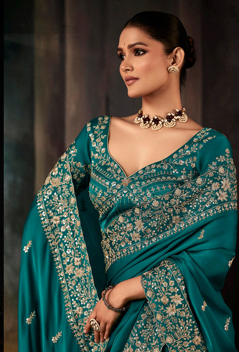Monjolika Fashion Teal Faux Satin Embroidery Bridal Reception Festival Wedding Wear Heavy Border Saree