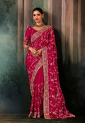 Monjolika Fashion Rani Pink Faux Satin Embroidery Bridal Reception Festival Wedding Wear Heavy Border Saree