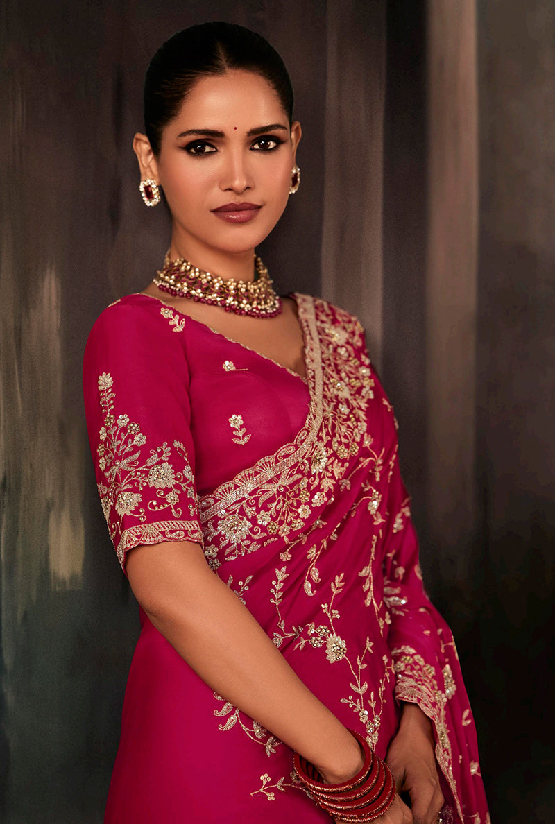 Monjolika Fashion Rani Pink Faux Satin Embroidery Bridal Reception Festival Wedding Wear Heavy Border Saree