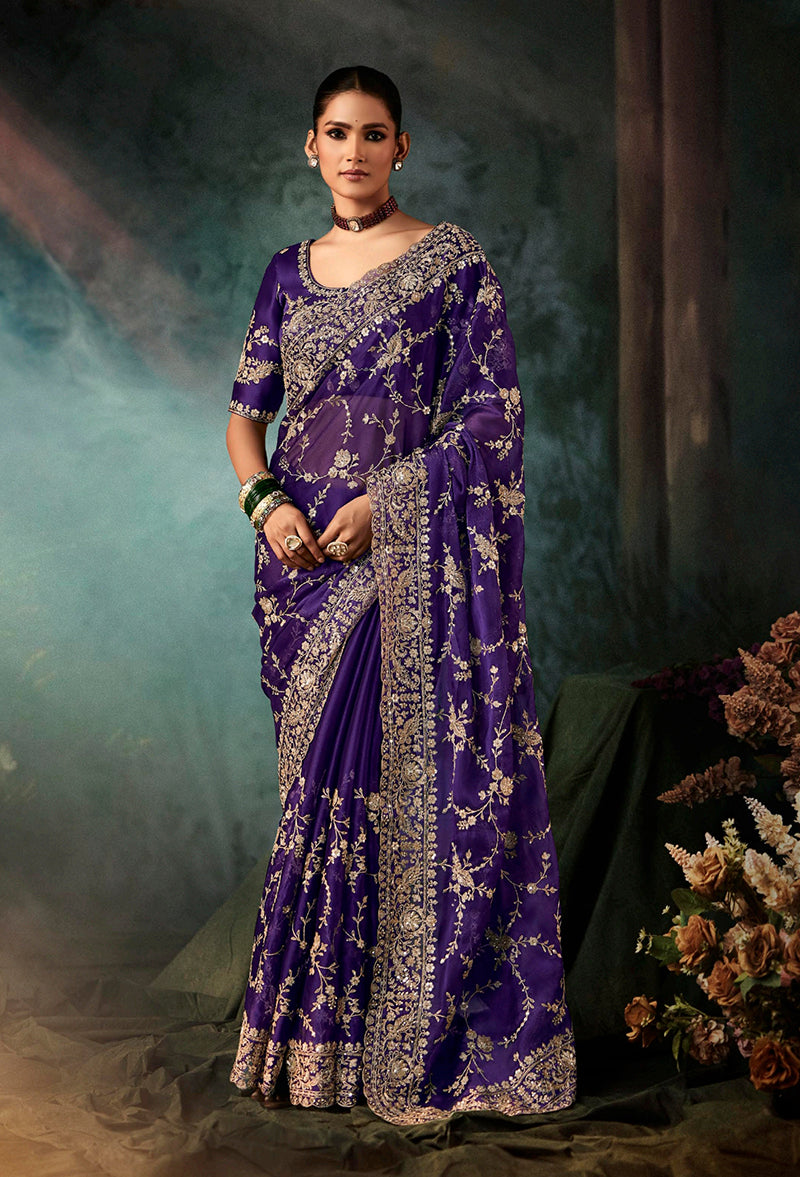 Monjolika Fashion Purple Faux Crepe Embroidery Bridal Reception Festival Wedding Wear Heavy Border Saree