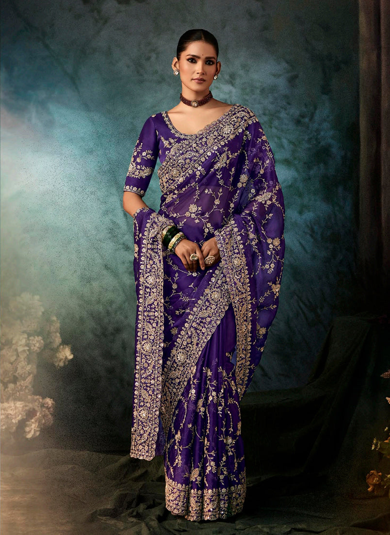 Monjolika Fashion Purple Faux Crepe Embroidery Bridal Reception Festival Wedding Wear Heavy Border Saree