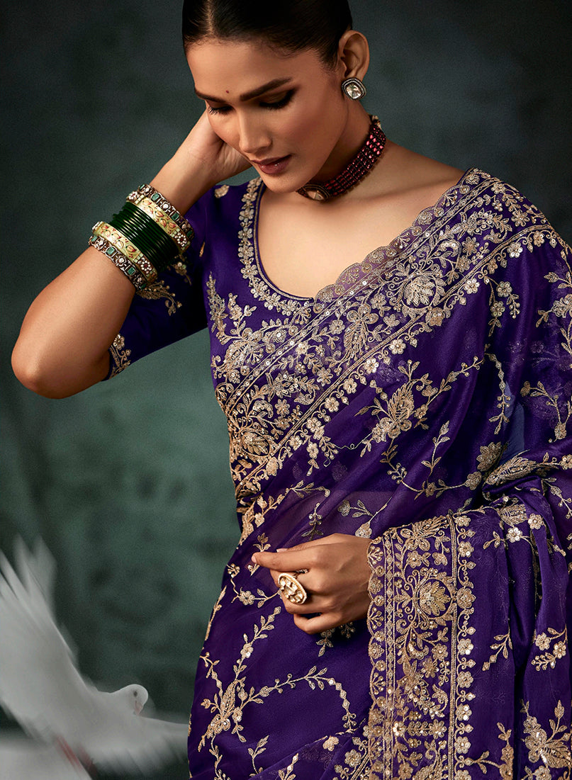 Monjolika Fashion Purple Faux Crepe Embroidery Bridal Reception Festival Wedding Wear Heavy Border Saree