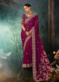 Monjolika Fashion Burgundy Faux Satin Embroidery Bridal Reception Festival Wedding Wear Heavy Border Saree