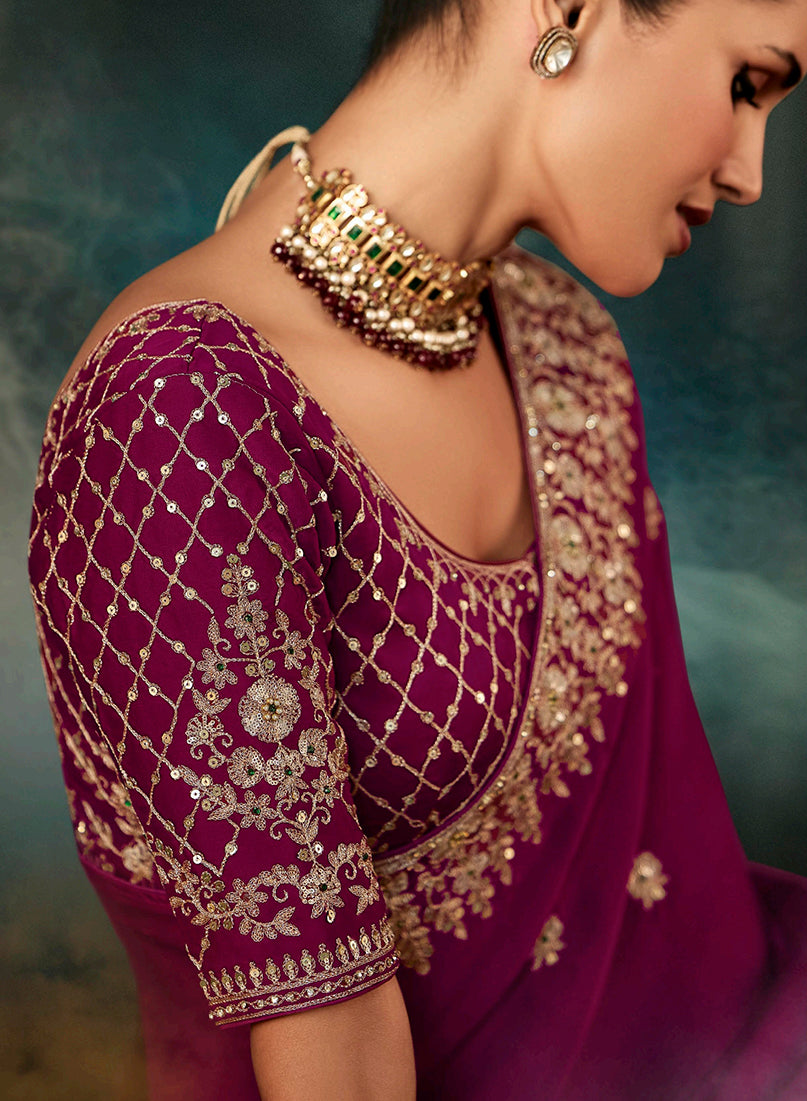 Monjolika Fashion Burgundy Faux Satin Embroidery Bridal Reception Festival Wedding Wear Heavy Border Saree
