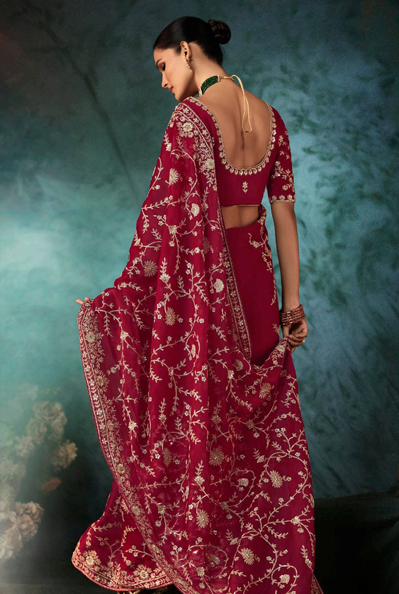 Monjolika Fashion Burgundy Faux Satin Embroidery Bridal Reception Festival Wedding Wear Heavy Border Saree