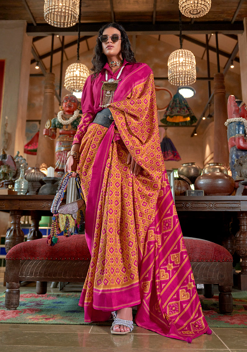 Monjolika Fashion Mustard and Magenta Pink Silk Blend Ikat Print Work Contemporary Saree