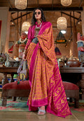 Monjolika Fashion Mustard and Magenta Pink Silk Blend Ikat Print Work Contemporary Saree