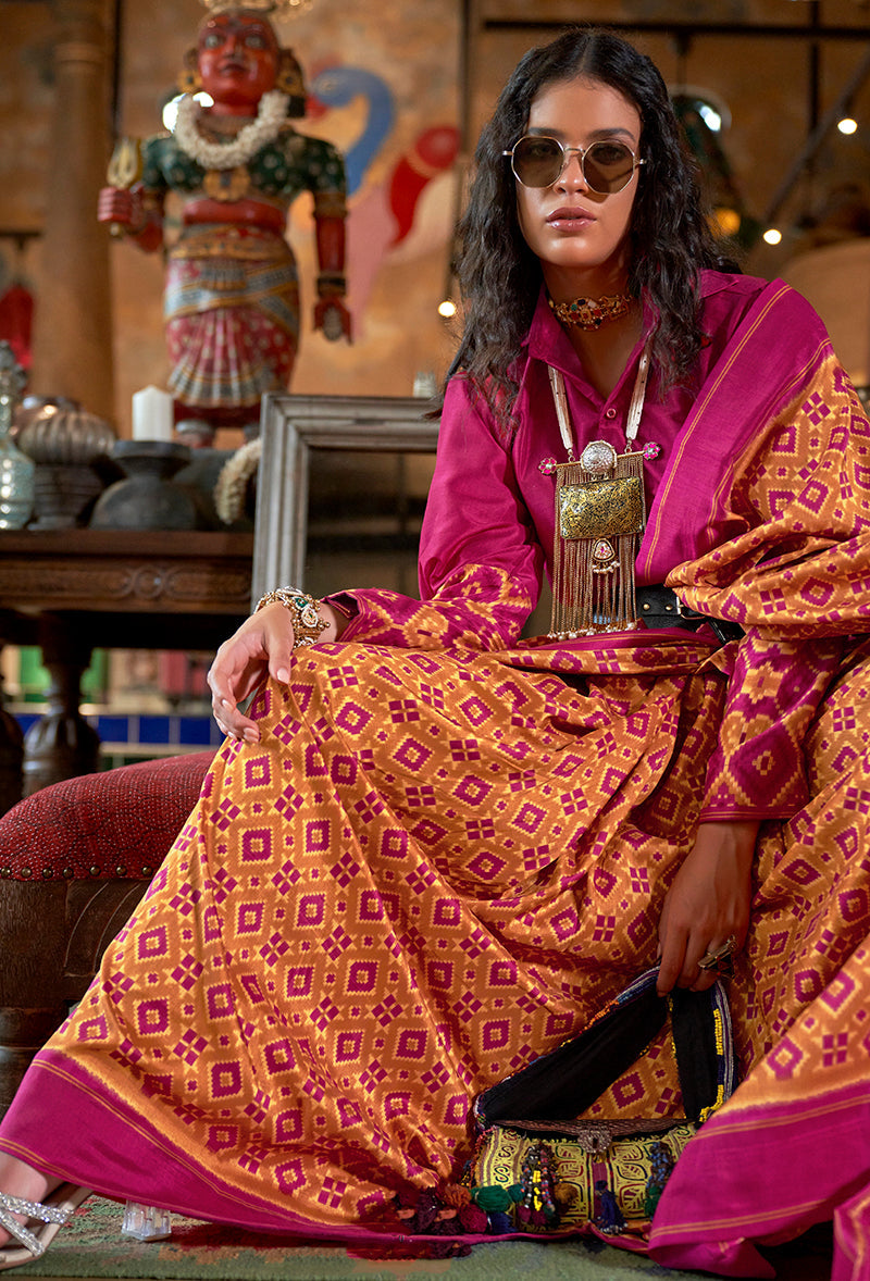 Monjolika Fashion Mustard and Magenta Pink Silk Blend Ikat Print Work Contemporary Saree