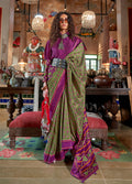 Monjolika Fashion Green and Purple Silk Blend Ikat Print Work Contemporary Saree