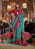 Monjolika Fashion Turquoise and Maroon Silk Blend Ikat Print Work Contemporary Saree