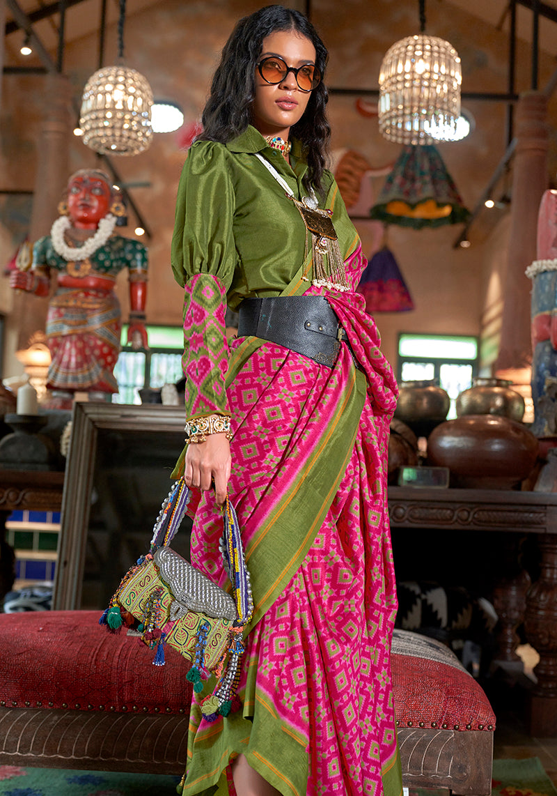 Monjolika Fashion Rani Pink and Green Silk Blend Ikat Print Work Contemporary Saree