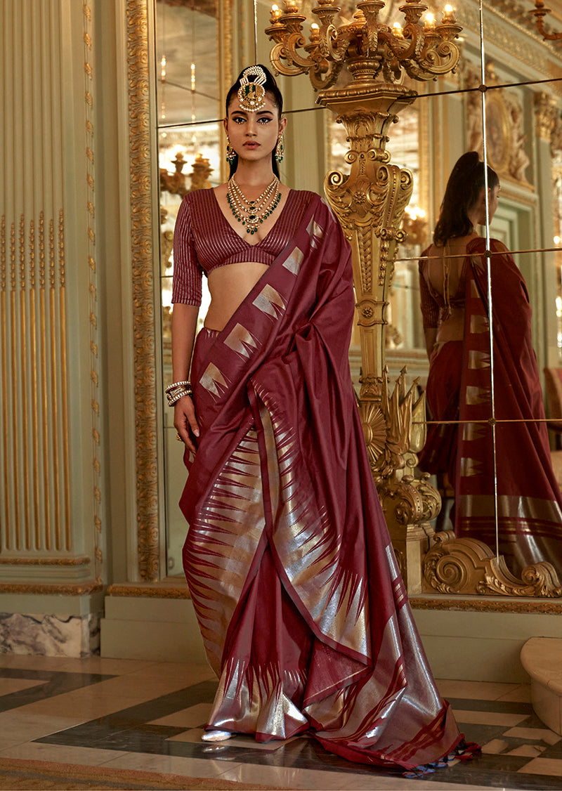 Monjolika Fashion Maroon Weaving Work Silk Blend Classic Saree