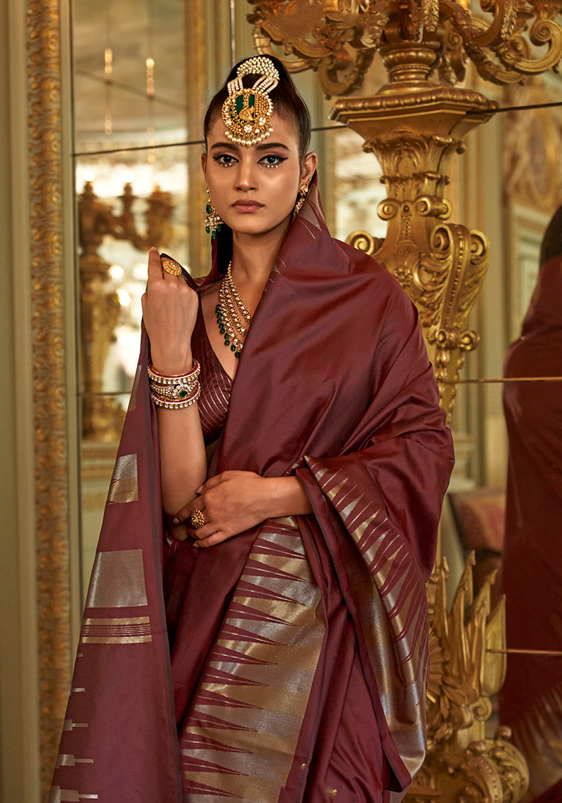 Monjolika Fashion Maroon Weaving Work Silk Blend Classic Saree