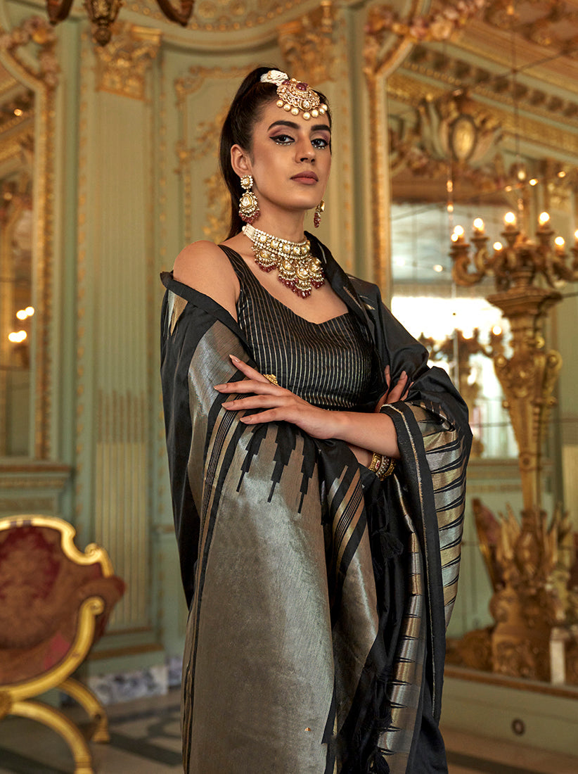 Monjolika Fashion Black Weaving Work Silk Blend Classic Saree