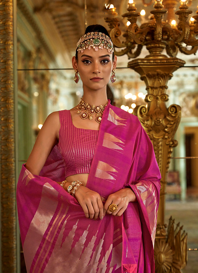 Monjolika Fashion Hot Pink Weaving Work Silk Blend Classic Saree