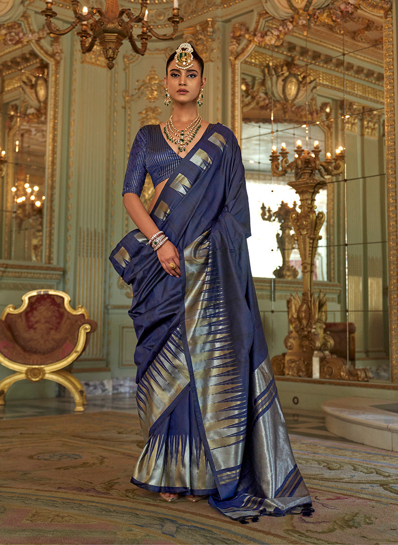 Monjolika Fashion Navy Blue Weaving Work Silk Blend Classic Saree