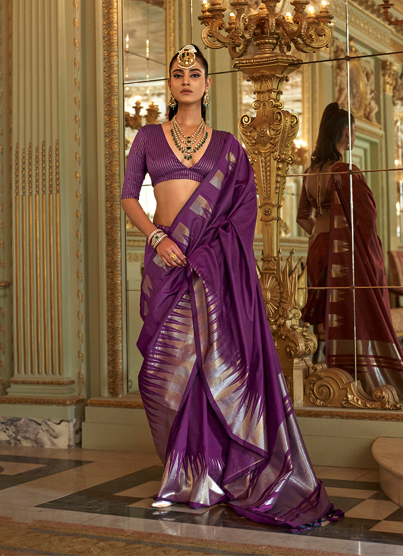 Monjolika Fashion Purple Weaving Work Silk Blend Classic Saree