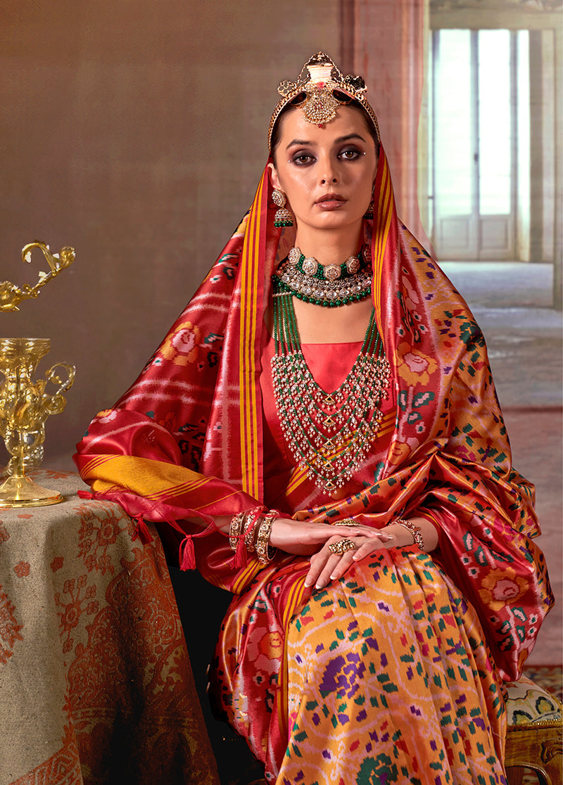 Monjolika Fashion Yellow Silk Blend Patola Print Saree with Red Blouse