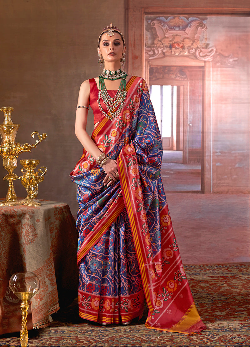 Monjolika Fashion Navy Blue Silk Blend Patola Print Saree with Red Blouse